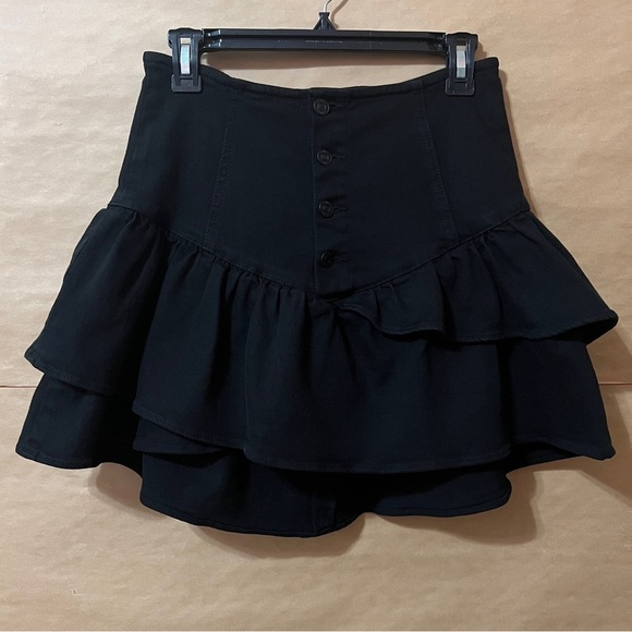 Mother The Pixie Minx Mini Skirt Pitch Black Ruffle Tiered Denim Button Size 27 - Picture 1 of 14